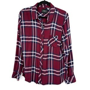 Rails Women's L Hunter Plaid Button-Down Shirt Burgundy Navy White Rayon Flannel